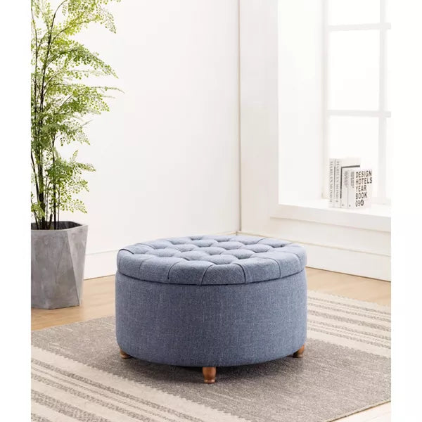 Large Round Tufted Storage Ottoman with Lift Off Lid Blue - WOVENBYRD