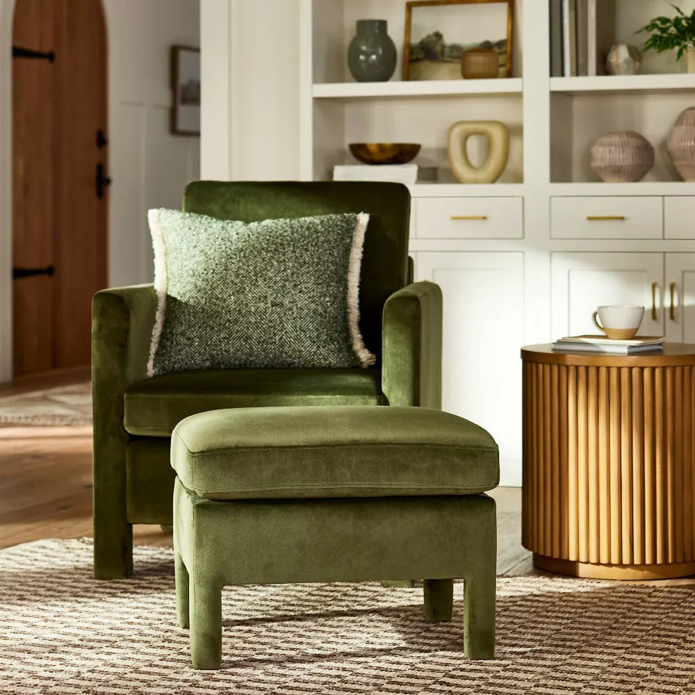 Bellfield Fully Upholstered Ottoman Olive Green Velvet - Threshold designed with Studio McGee