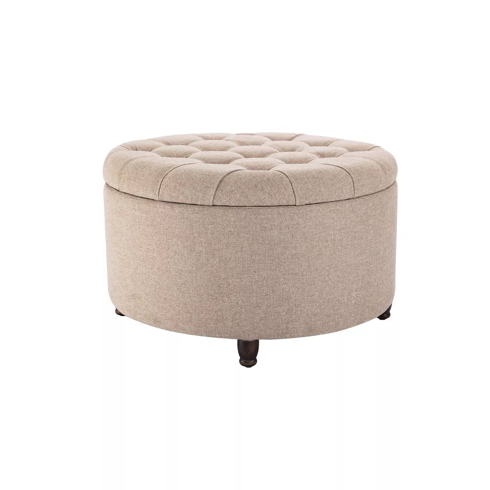 Large Round Tufted Storage Ottoman with Lift Off Lid Cream - WOVENBYRD