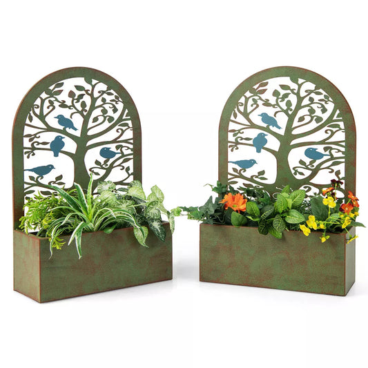 Tangkula Set of 2 Decorative Raised Garden Bed Wall-Mounted Metal Planter Box w/ Trellis