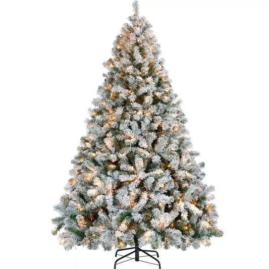 Yaheetech 7.5ft Pre-lit Flocked Artificial Christmas Tree Snow Frosted Christmas Tree, Green