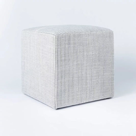 Lynwood Square Upholstered Cube Ticking Navy Stripe - Threshold designed with Studio McGee