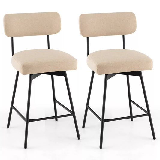 Tangkula 2pcs Swivel Bar Stool 25" Upholstered Bar Height Dining Chair w/ Footrest Beige