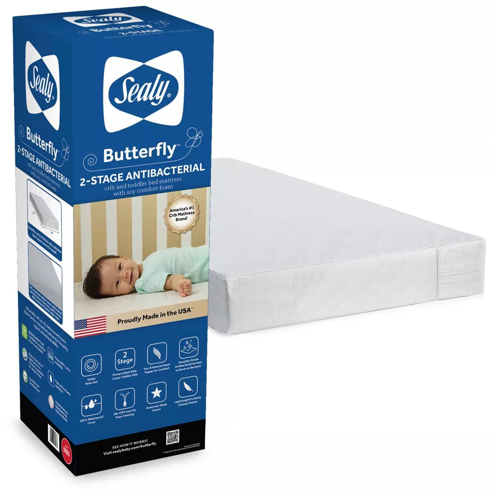 Sealy Butterfly Antibacterial 2 Stage Foam Crib and Toddler