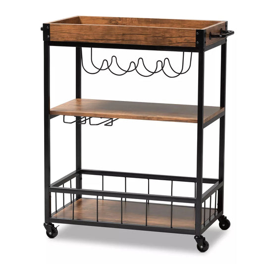 Cerne Oak and Finished Mobile Metal Bar Cart with Wine Bottle Rack Brown - Baxton Studio