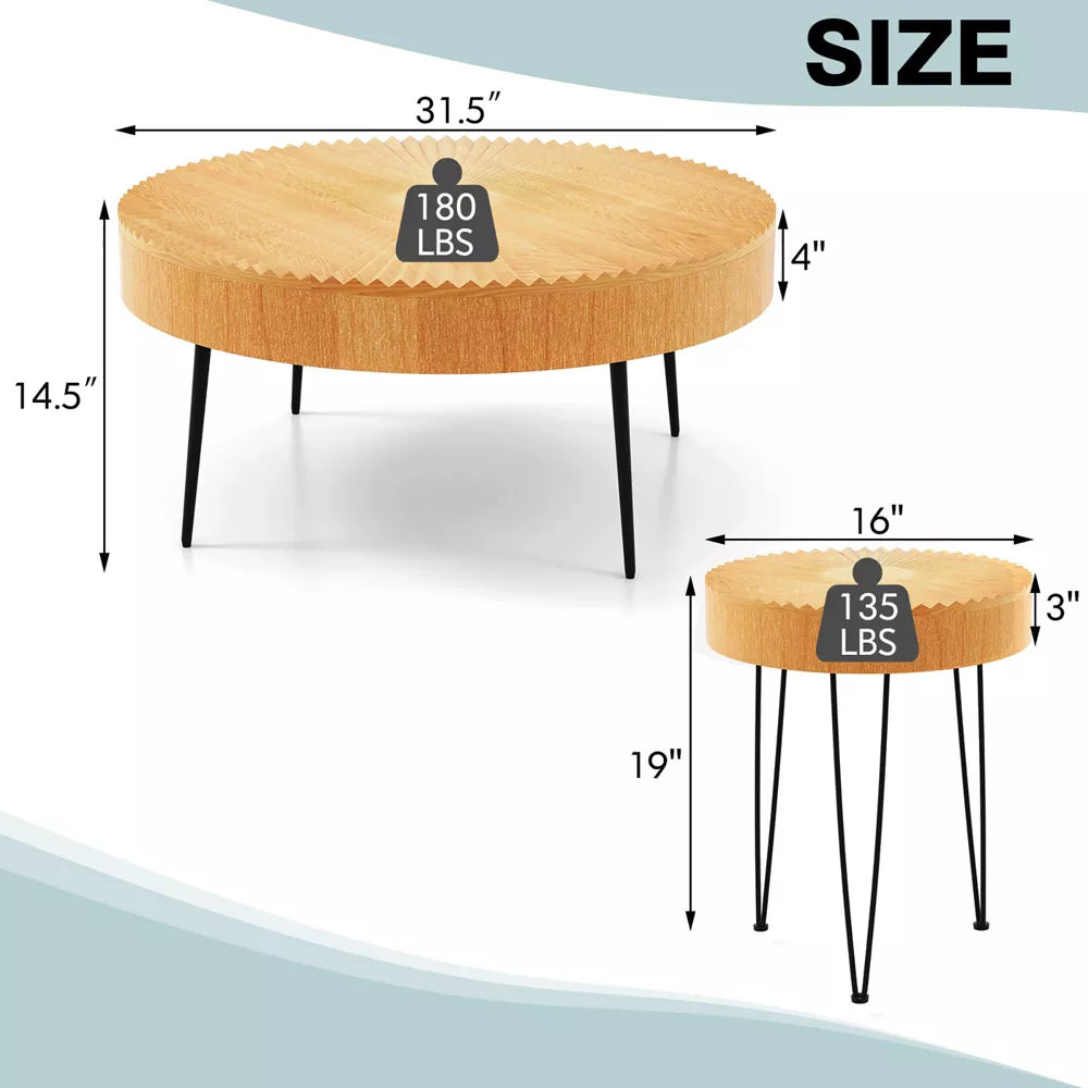 Costway Farmhouse Round Coffee Table Set of 2 End Table Natural Finish for Living Room