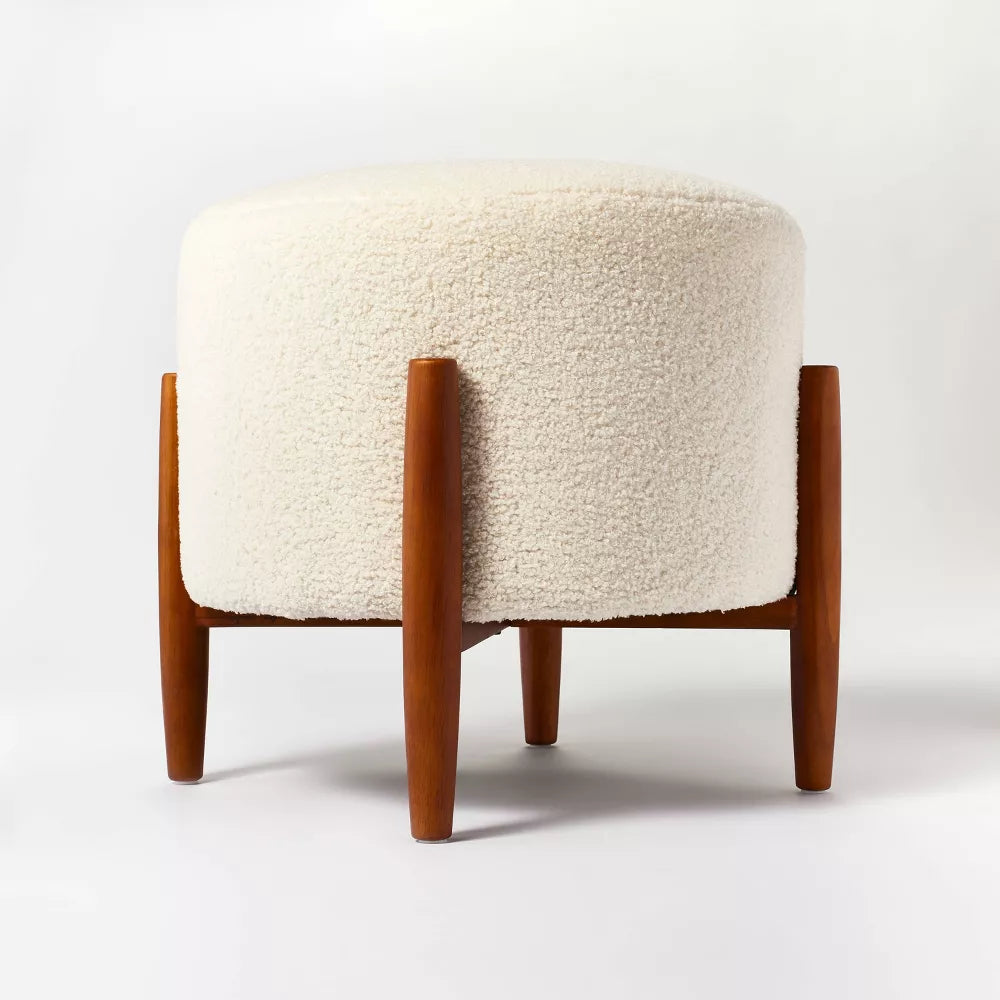 Elroy Faux Shearling Round Ottoman with Wood Legs Cream - Threshold designed with Studio McGee