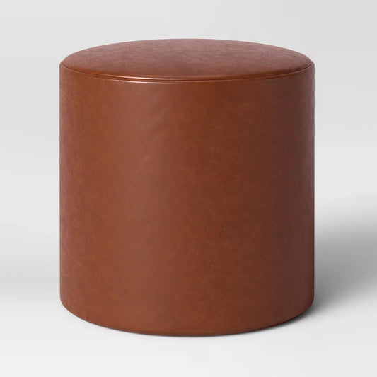 Bodrum Round Upholstered Ottoman Caramel Faux Leather -Threshold