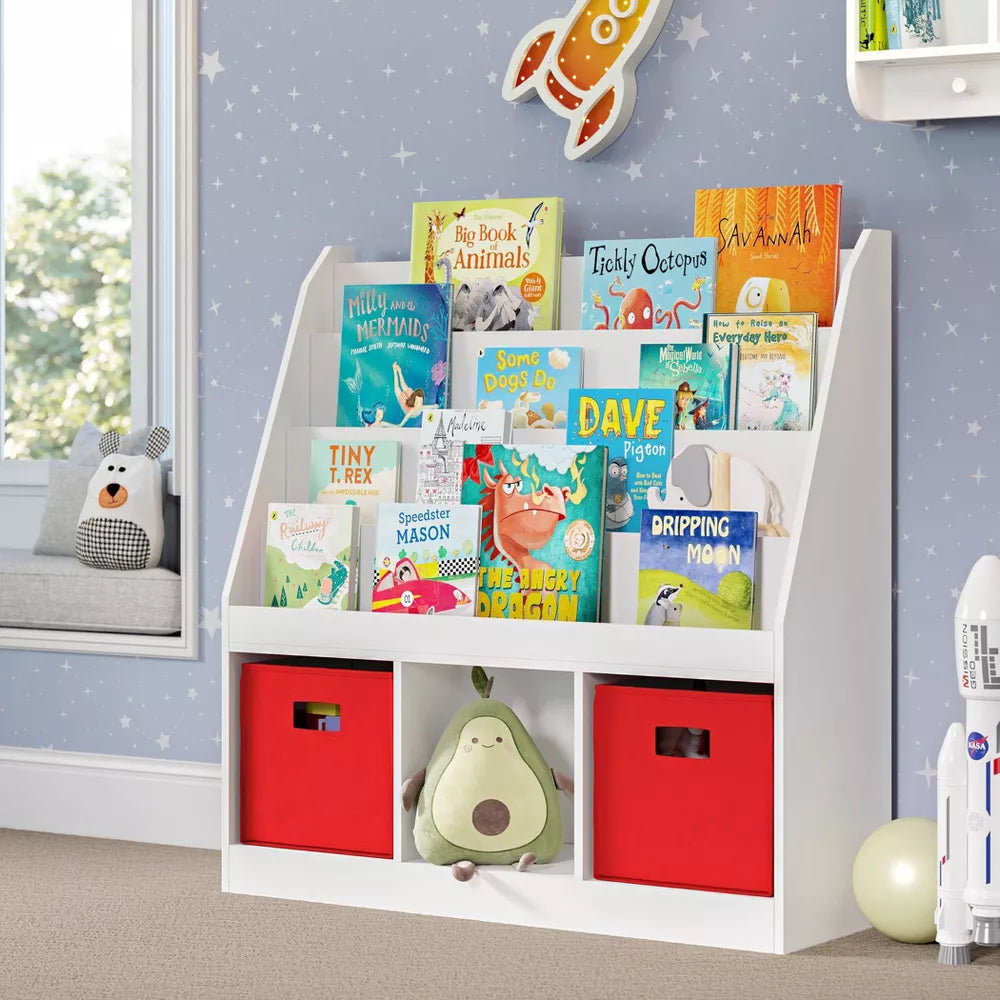 RiverRidge Kids' Playroom Bookrack with 3 Toy Organizer Cubbies and 4 Book Shelves -WHite