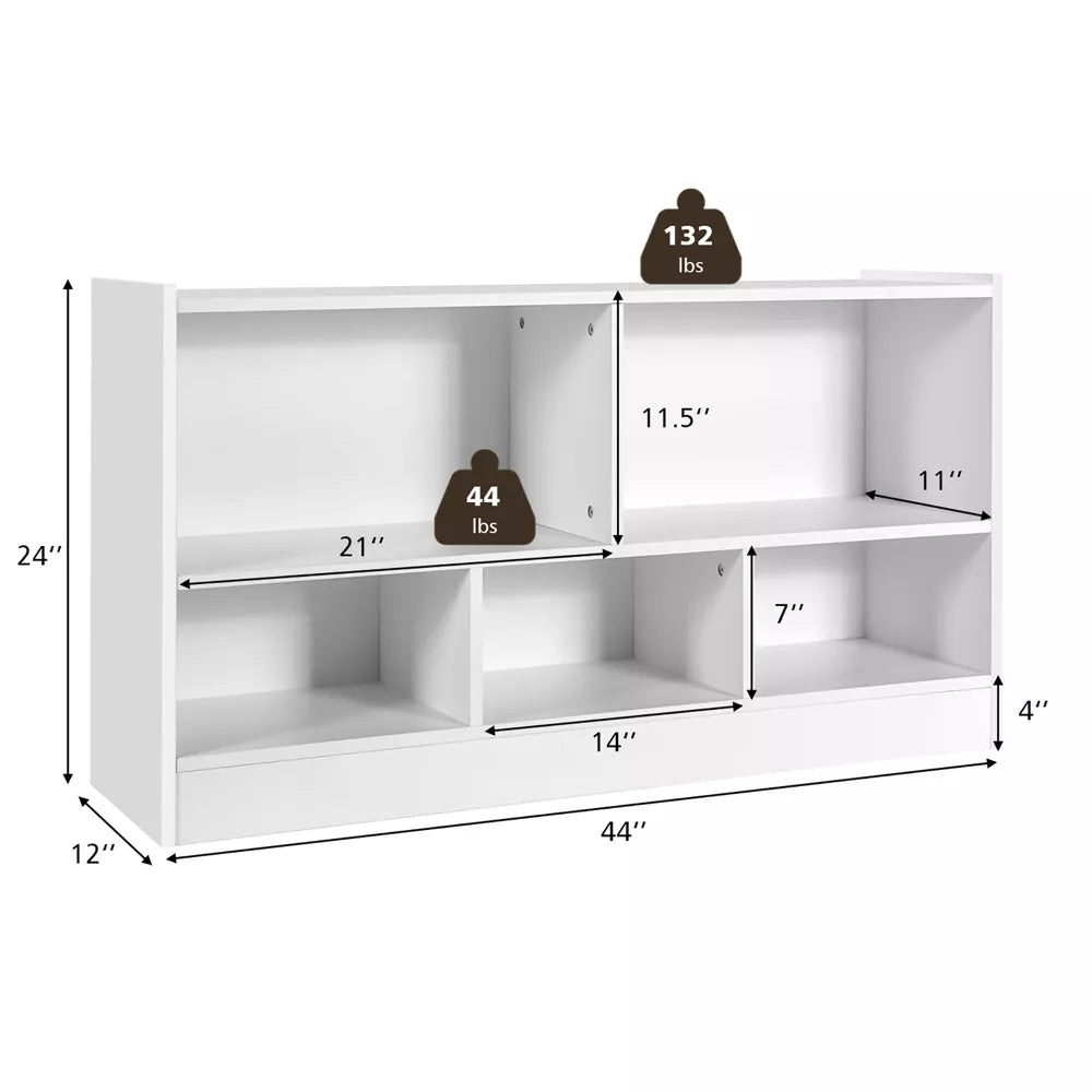 Costway Kids 2-Shelf Bookcase 5-Cube Wood Toy Storage Cabinet Organizer -White