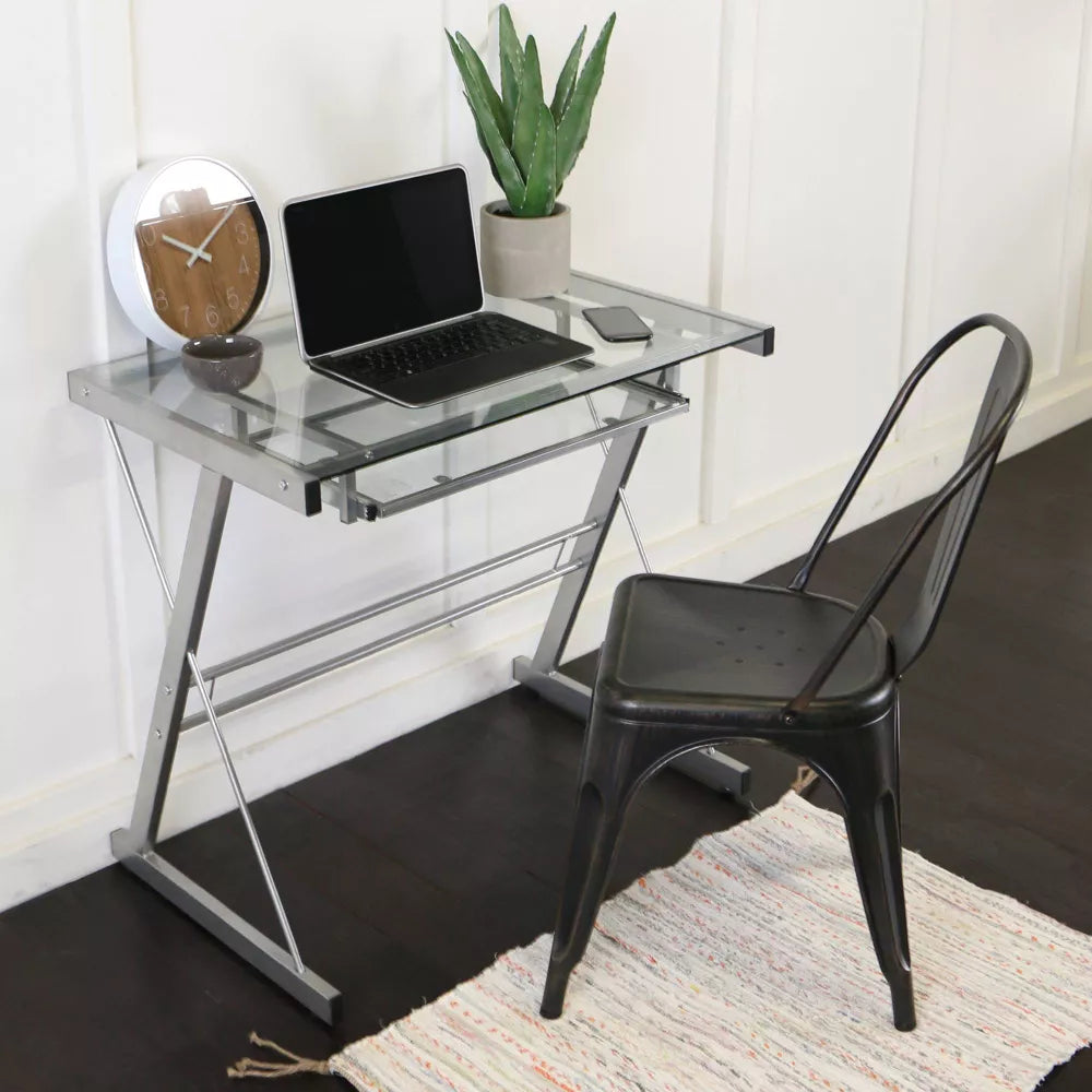 Glass Computer Desk with Keyboard Tray Silver - Saracina Home