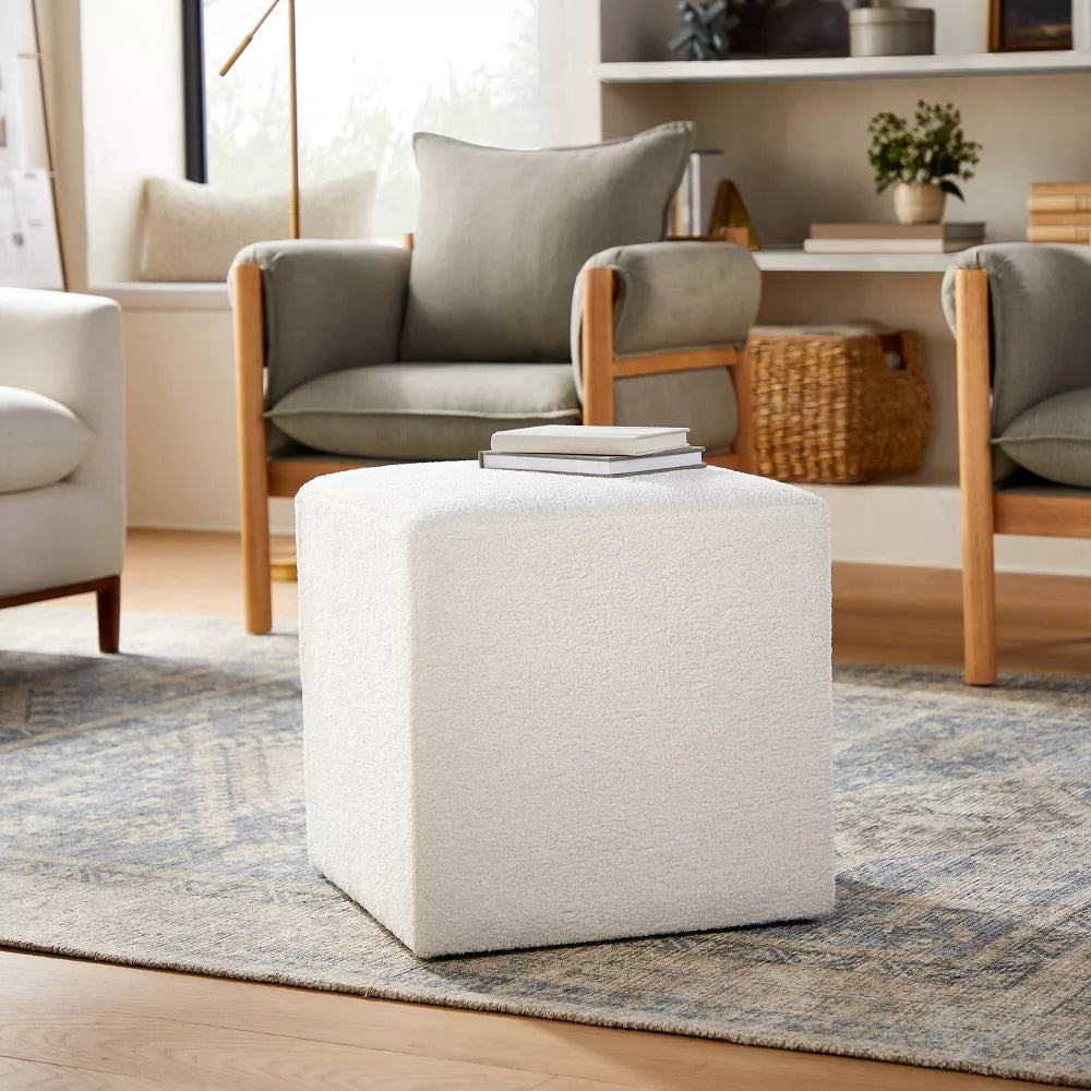 Lynwood Square Upholstered Cube Ottoman Faux Shearling Cream Boucle -Threshold designed with Studio McGee