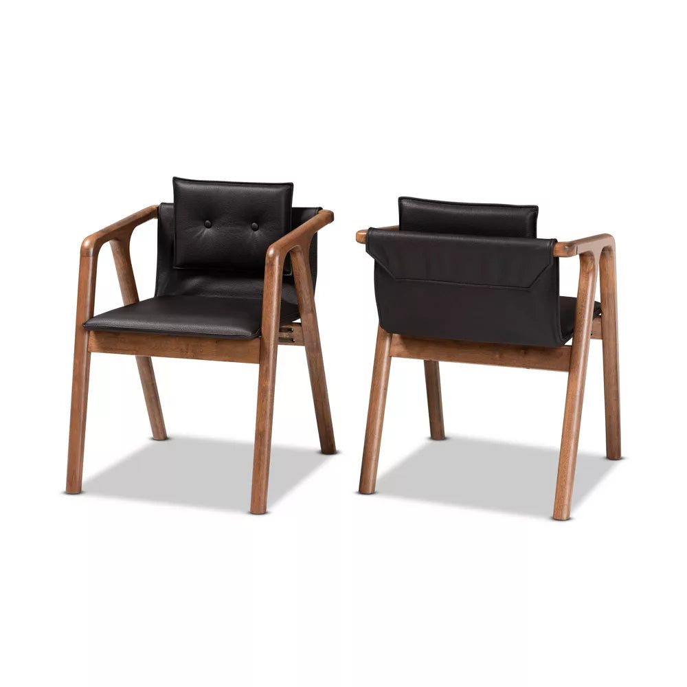 2pc Marcena Imitation Leather Upholstered and Wood Dining Chair Set Black/Walnut Brown- Baxton Studio