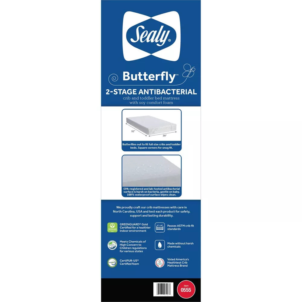 Sealy Butterfly Antibacterial 2-Stage Foam Crib and Toddler Mattress-OPEN BOX