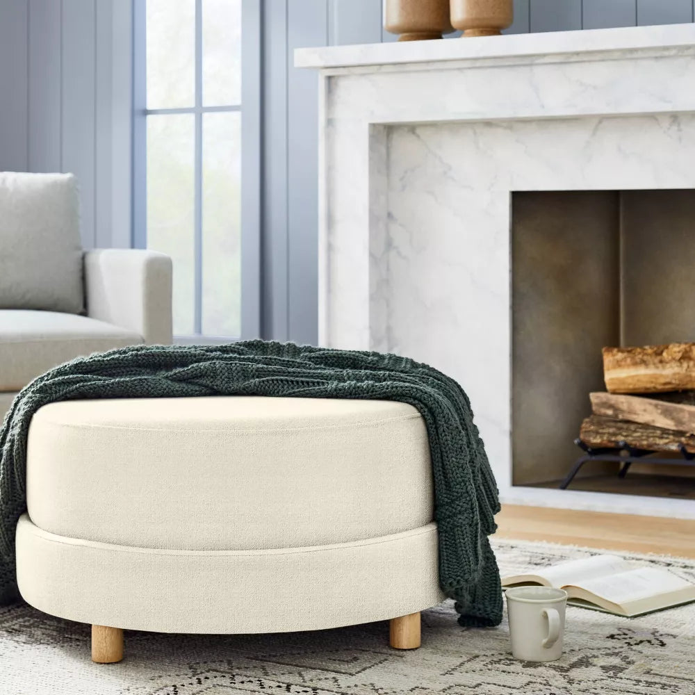 Catalina Round Ottoman Cream with Leather Piping - Threshold designed with Studio McGee