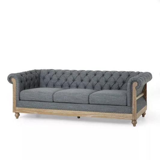 Saragus Chesterfield Tufted 3 Seater Sofa with Nailhead Trim Charcoal/Dark Brown - Christopher Knight HomeDAMAGED