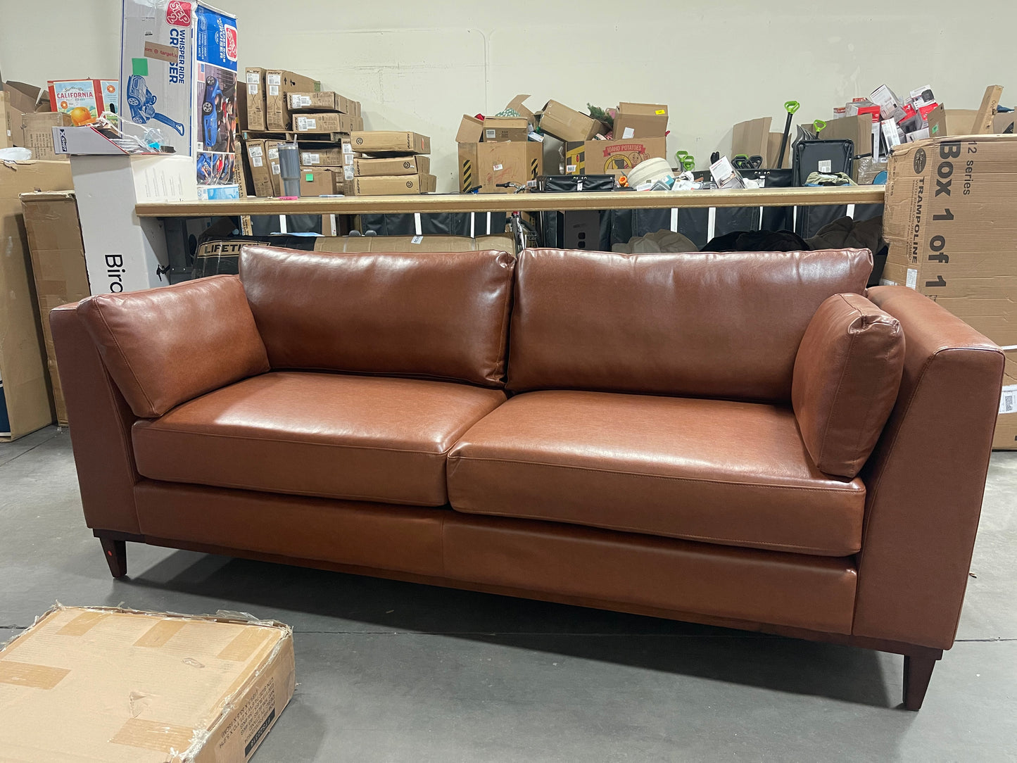 Warbler Faux Leather 3 Seater Sofa by Christopher Knight Home - Espresso/ Cognac (ALREADY BUILT) DAMAGED