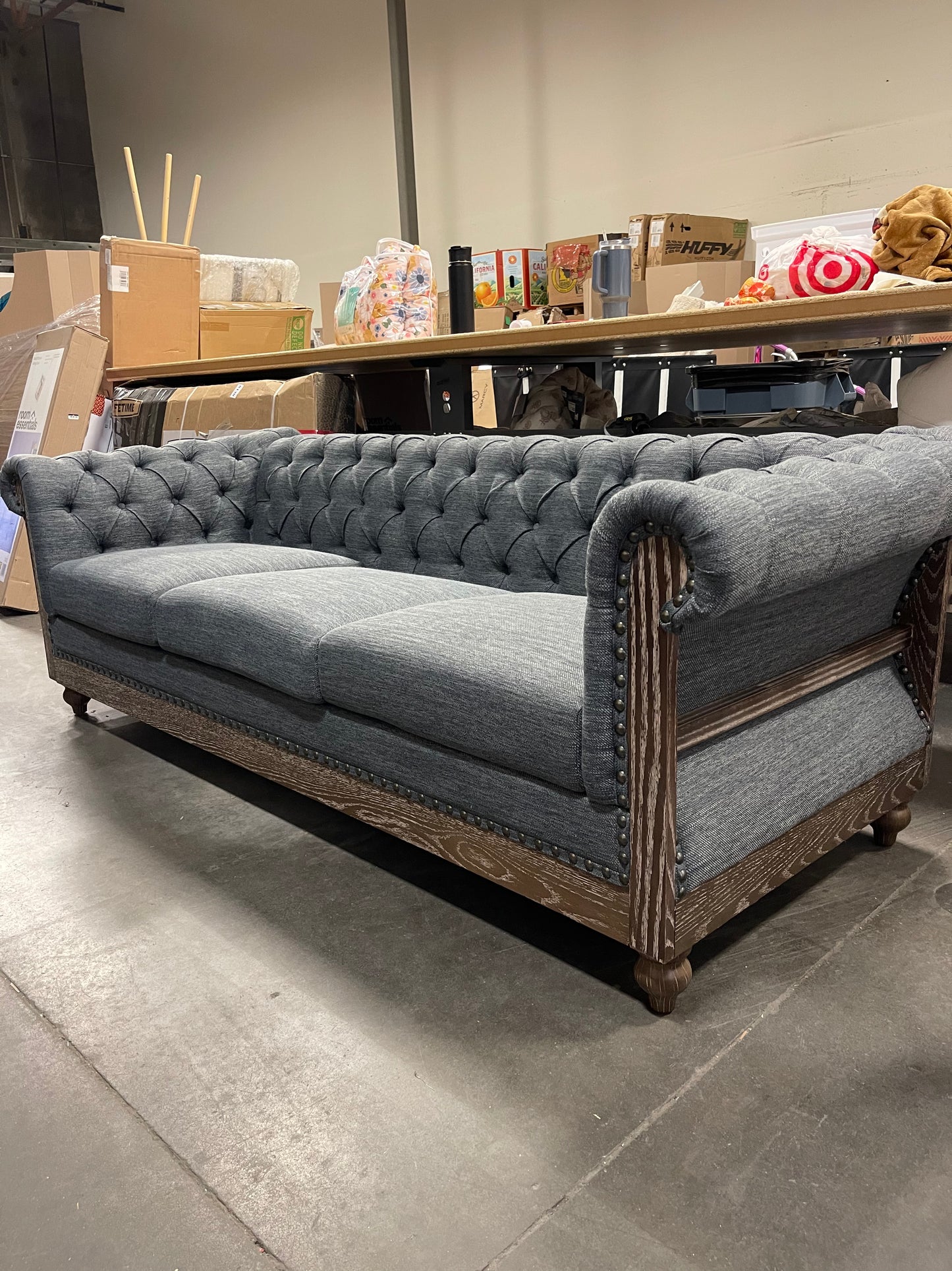 Saragus Chesterfield Tufted 3 Seater Sofa with Nailhead Trim Charcoal/Dark Brown - Christopher Knight HomeDAMAGED