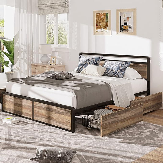 LIKIMIO Queen Bed Frame with Storage, Adjustable Headboard and 4 Drawers, Sturdy and Practical, No Noise, No Box Spring Needed, Easy Assembly, Rustic Brown (Damaged Box)