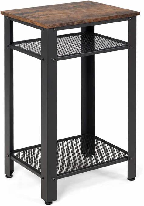 Giantex Side Table Industrial 3-Tier W/ Mesh Shelves, Adjustable Feet and Metal Frame