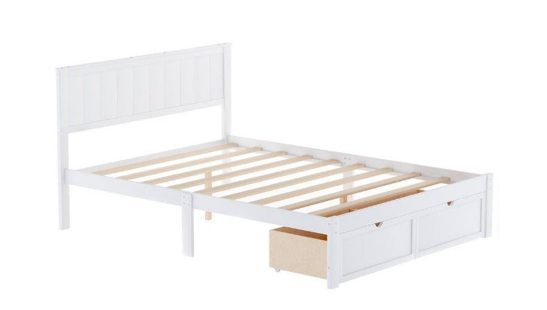 White Frame Full Size Platform Bed with Under-Bed Drawer