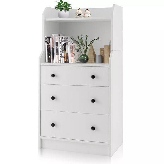 Tangkula 3-Drawer Dresser 44" Tall Wood Storage Organizer Chest w/ 2 Open Shelves White