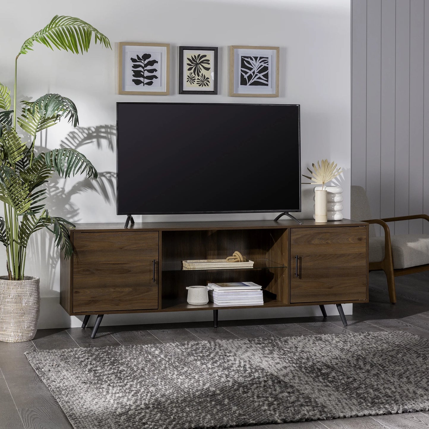 Walker Edison Thea Mid-Century Two-Door TV Stand for TVs up to 80", Dark Walnut