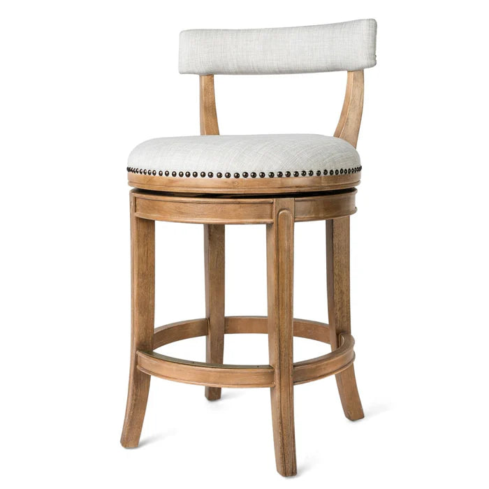 Maven Lane Alexander 26 Inch Tall Counter Height Rotating Low Back Barstool in Weathered Oak Finish with Sand Color Fabric Upholstered Seat