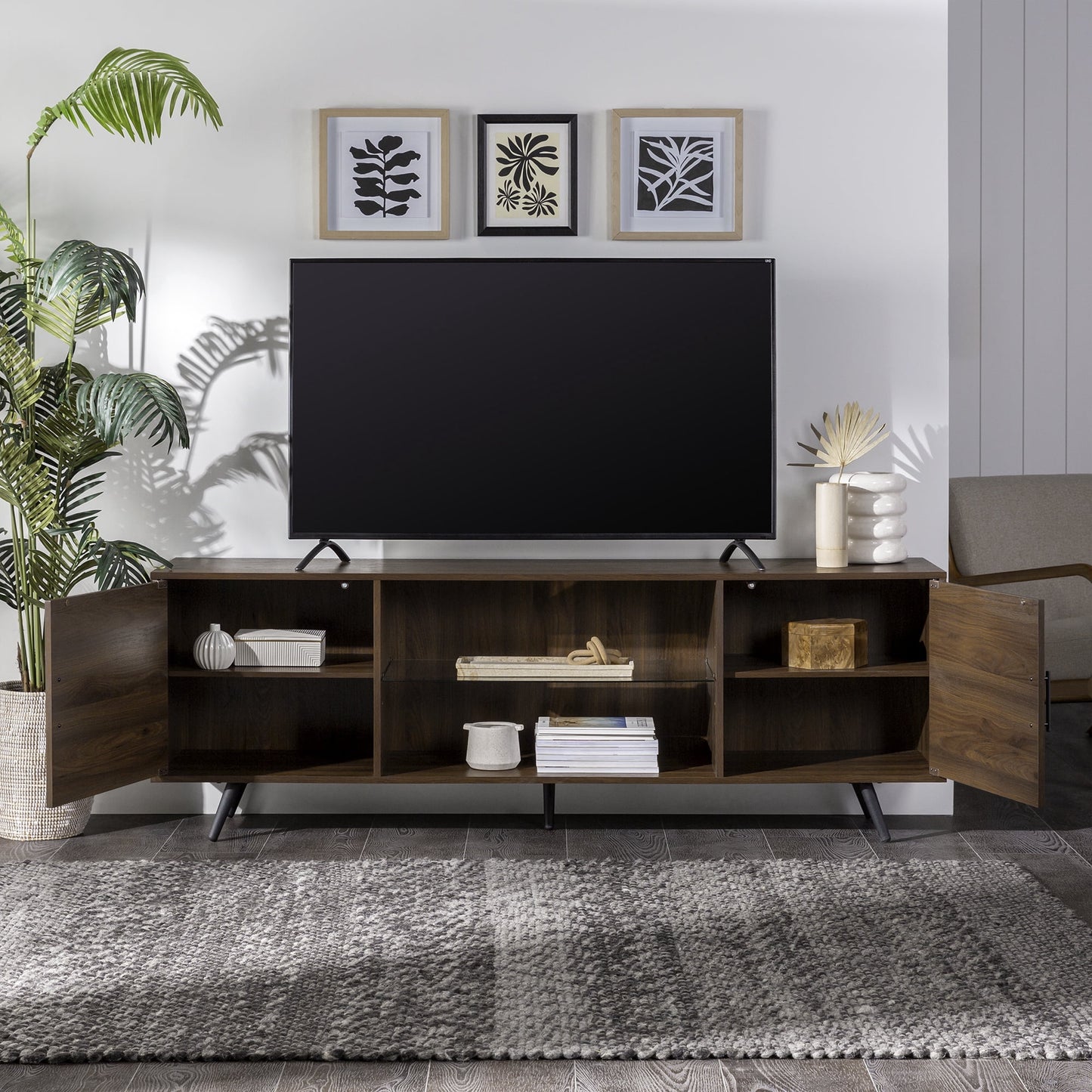 Walker Edison Thea Mid-Century Two-Door TV Stand for TVs up to 80", Dark Walnut