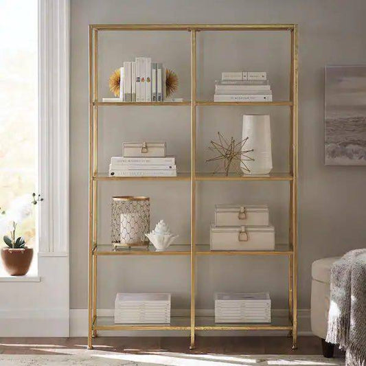 Home Decorators Collection 62 in. Gold Leaf Metal 4-shelf Double Accent Bookcase with Open Back