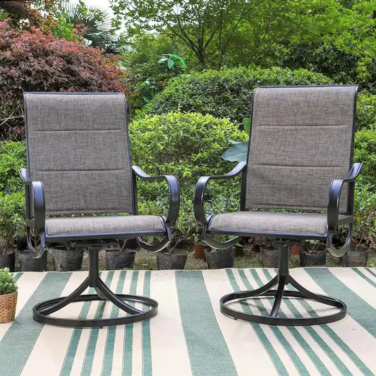 Black Swivel Padded Textilene Metal Outdoor Dining Chairs with Curve Arms (2-pack)